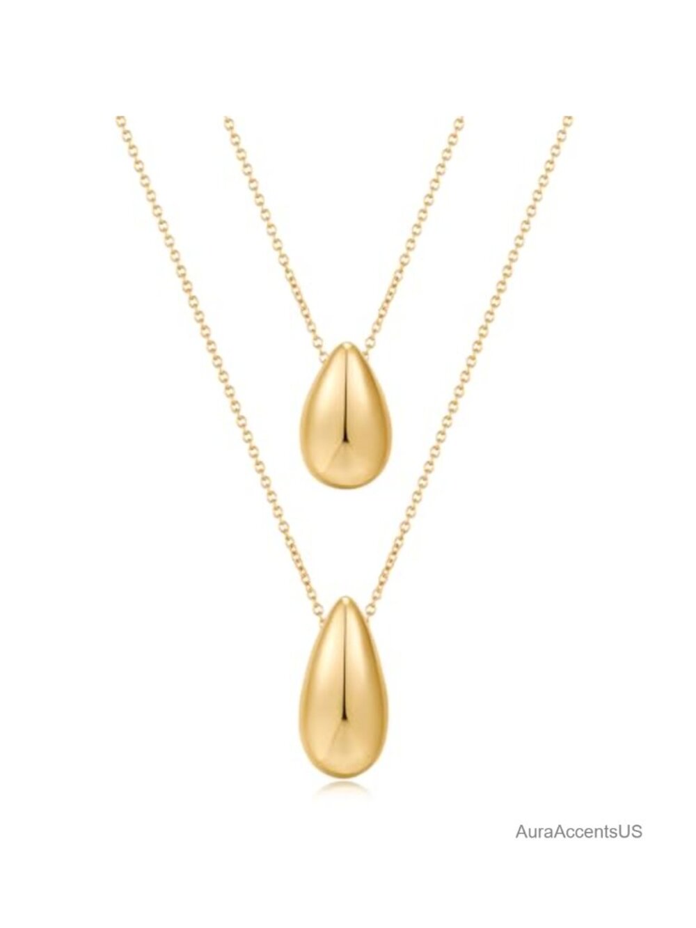Dainty Gold Plated Layered Teardrop Necklace, 16.5" + 20" Chains, Trendy
